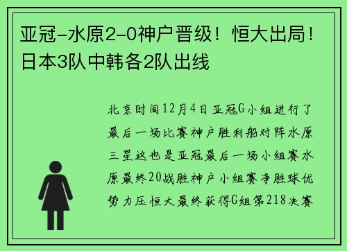 亚冠-水原2-0神户晋级！恒大出局！日本3队中韩各2队出线