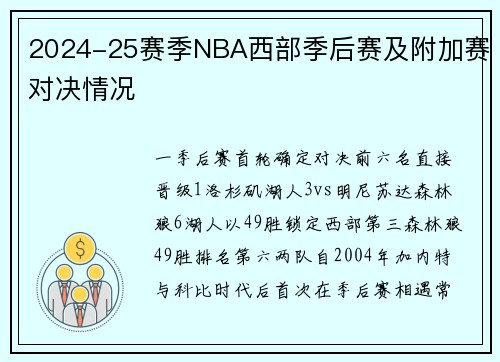 2024-25赛季NBA西部季后赛及附加赛对决情况