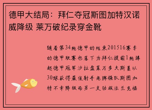 德甲大结局：拜仁夺冠斯图加特汉诺威降级 莱万破纪录穿金靴